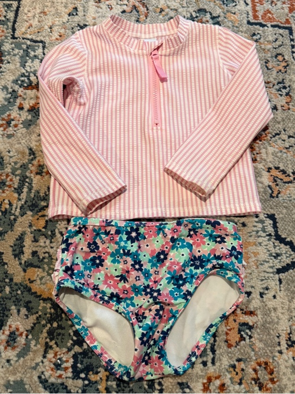 Ruffle Butts Pink Striped Rashguard with Floral Swim Bottoms
